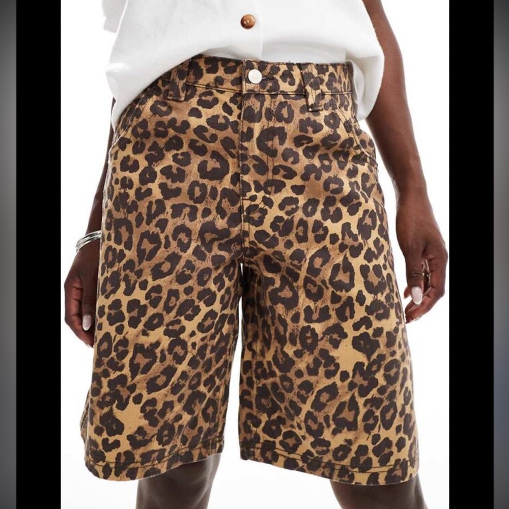 Bershka baggy longline shorts in leopard‎ print